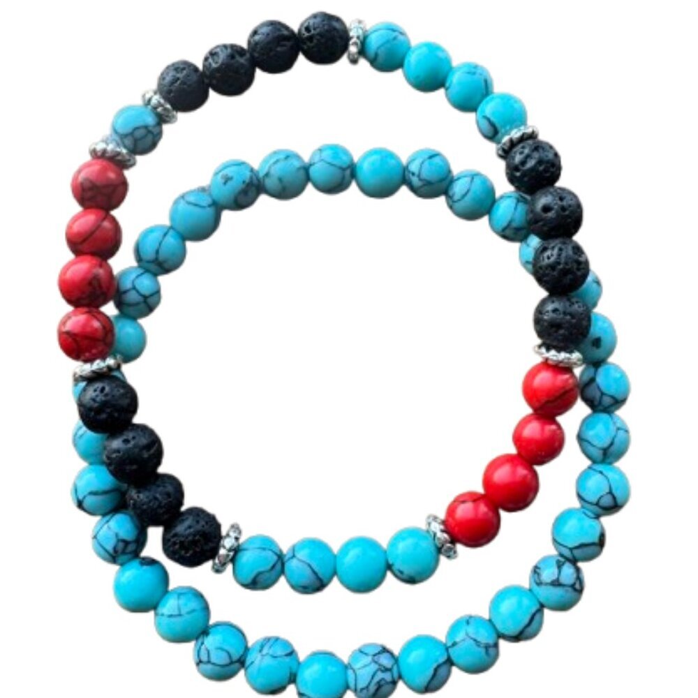 Set of 2 men's stretch bracelets - Red and blue turquoise & Lava natural stones